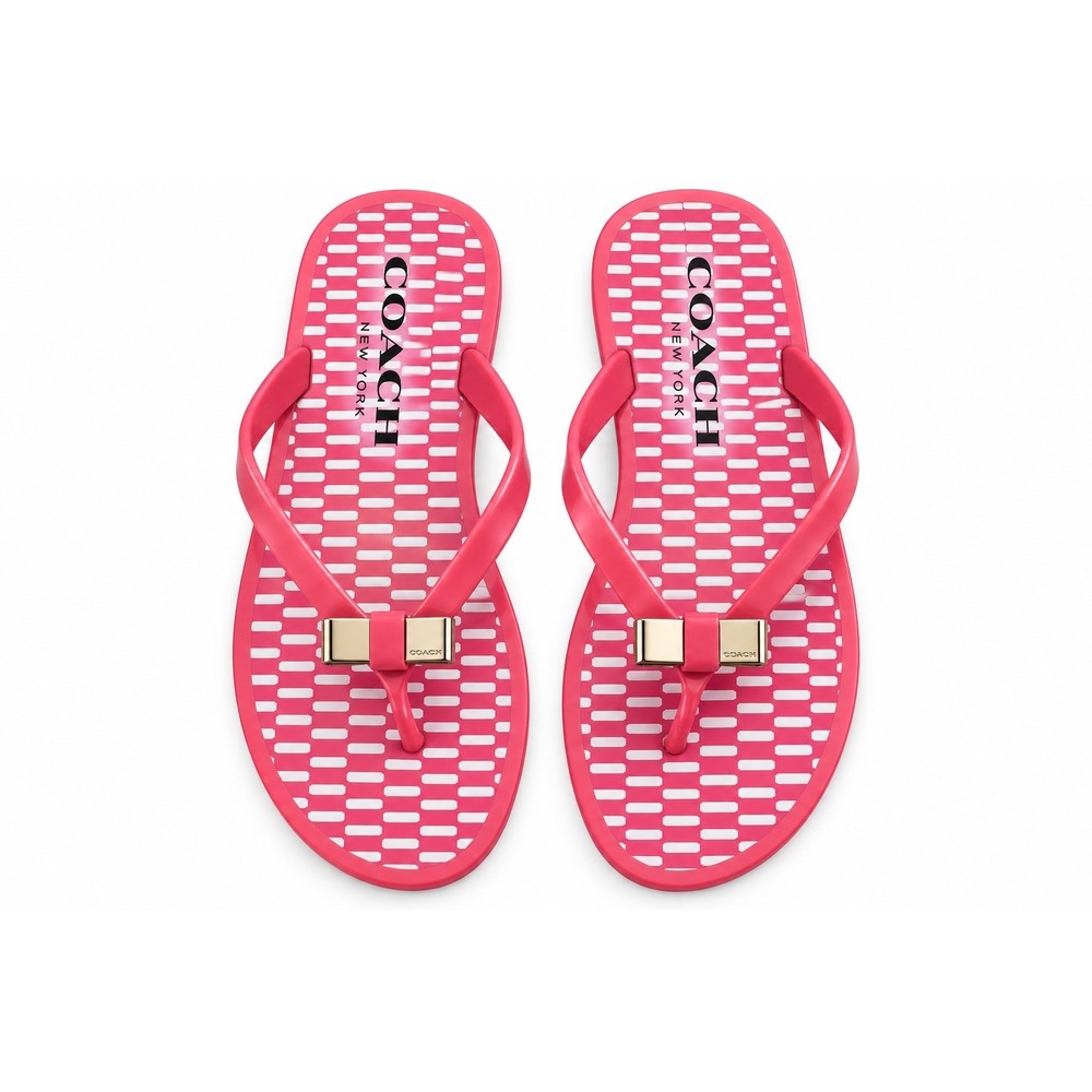 Coach Pink Jelly Flip Flops Sandals Size 8B Bow Gold Logo Thong Beach Shoes